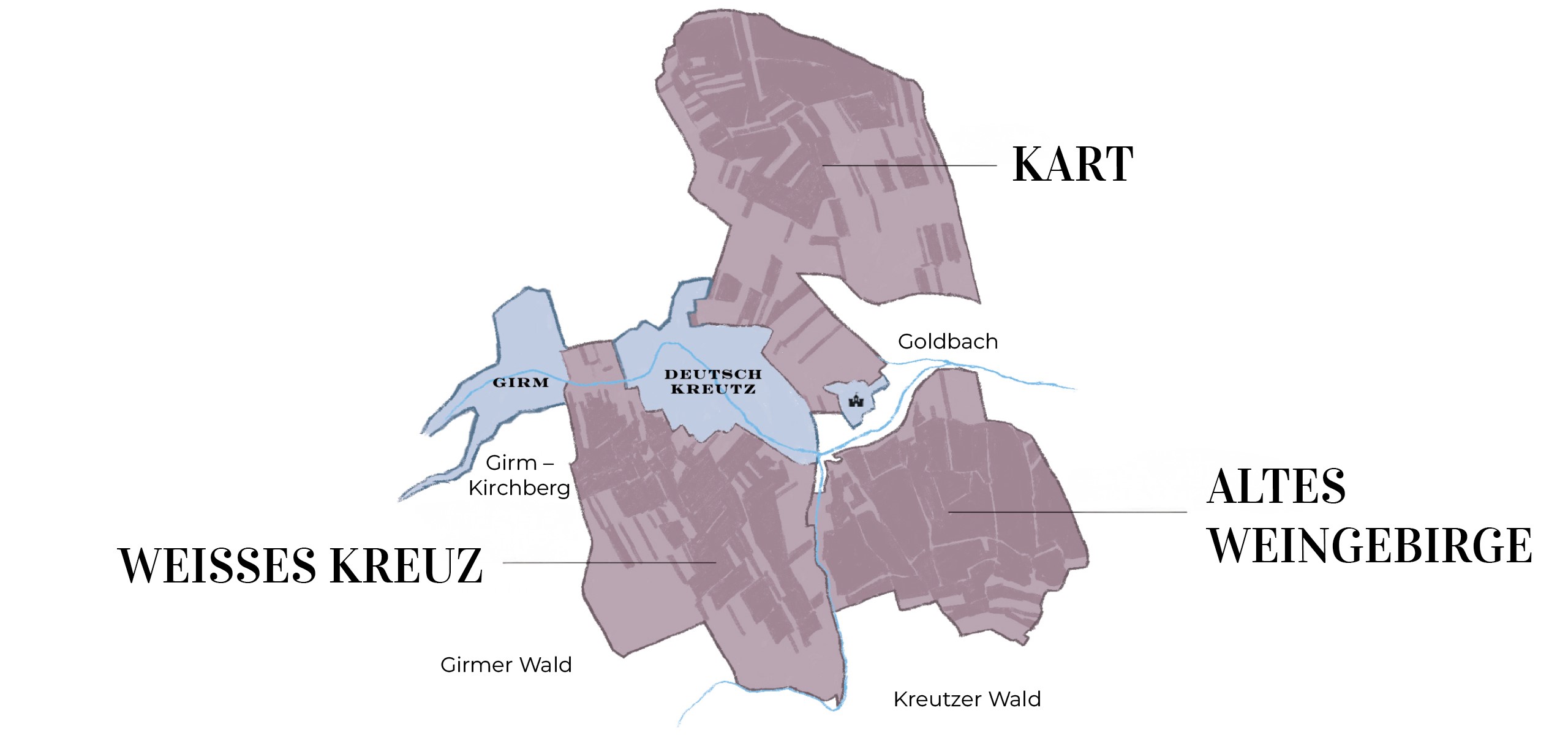 Karte von Deutschkreutz und Umgebung, Hervorhebung der Regionen: Kart, Altes Weingebirge, Weisses Kreuz, Girm. Dargestellt sind Flüsse und Wälder.