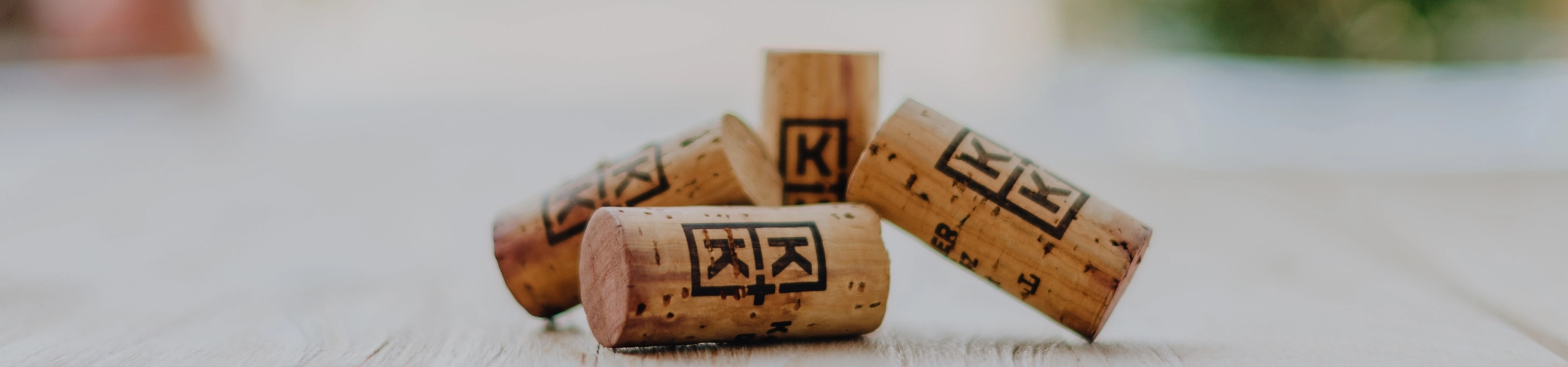 Nahaufnahme von fünf Weinkorken, die auf einer hellen Holzoberfläche liegen. Jeder Korken ist mit schwarzen Symbolen bedruckt, die eine rustikale und entspannte Atmosphäre schaffen.