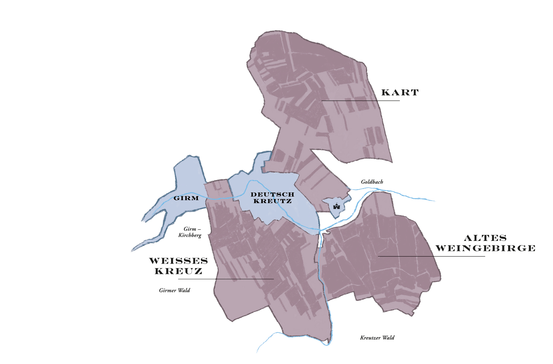 Karte mit Regionen, die mit „Girm“, „Weisses Kreuz“, „Deutsch Kreutz“, „Kart“ und „Altes Weingebirge“ bezeichnet sind. Mit einem Fluss und markierten Gebieten.