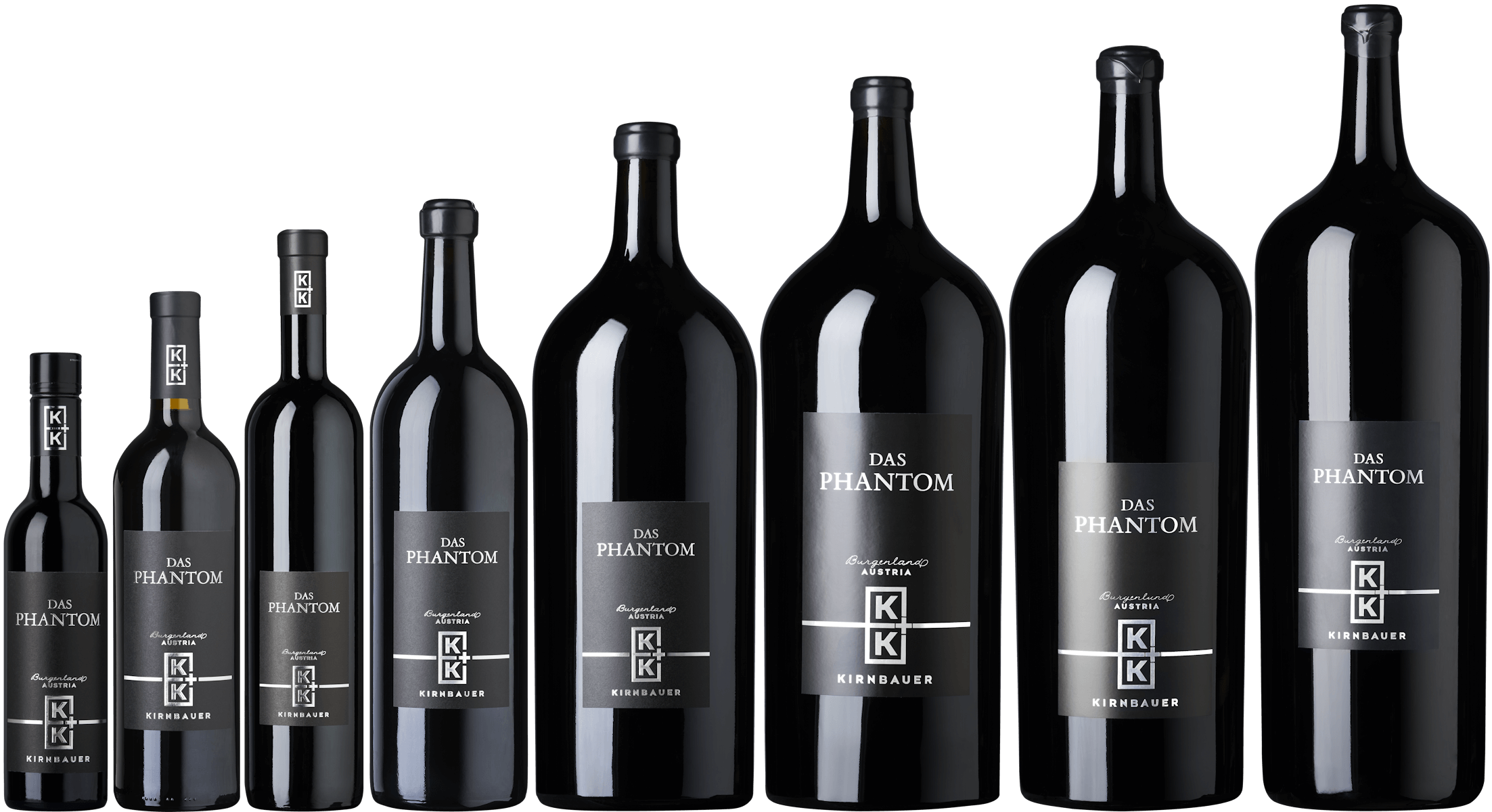 verschiedene Weinflaschen in mehreren Größen vom Wein Das Phantom