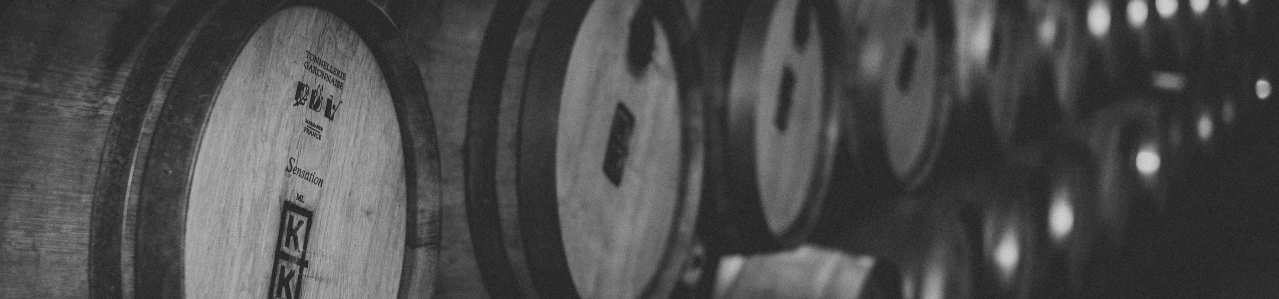 Schwarz-Weiß-Bild von Holzfässern, die in einem schwach beleuchteten Keller aufgereiht sind und eine rustikale und nostalgische Atmosphäre hervorrufen.