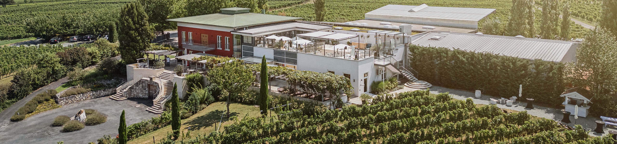 Luftaufnahme eines Weinbergs mit einem großen rot-weißen Gebäude, umgeben von üppigen grünen Feldern und fernen Hügeln unter einem klaren Himmel.